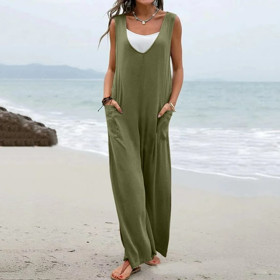 Baqcunre Jumpsuits for Women Women Summer Wide Leg Jumpsuit Sleeveless V Neck Casual Loose Jumpsuit Comfy Baggy Tank Romper with Pockets Jumpsuits for Women Dressy One Piece Jumpsuits for Women