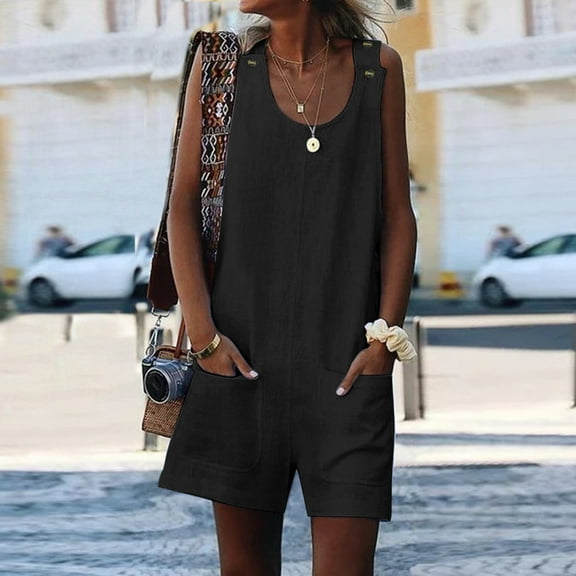Baqcunre Jumpsuits for Women Women's Fashion Brief Sleeveless U-Neck Button Shorts Jumsuits with Pocckets Jumpsuits for Women Dressy One Piece Jumpsuits for Women
