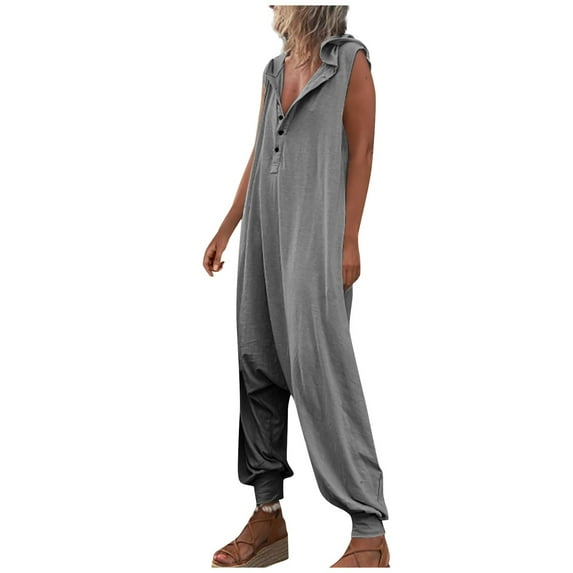 Baqcunre Jumpsuits for Women Women's Overalls Casual Loose Sleeveless Hooded Bib Cuffed Jumpsuit with Pockets Jumpsuits for Women Dressy One Piece Jumpsuits for Women