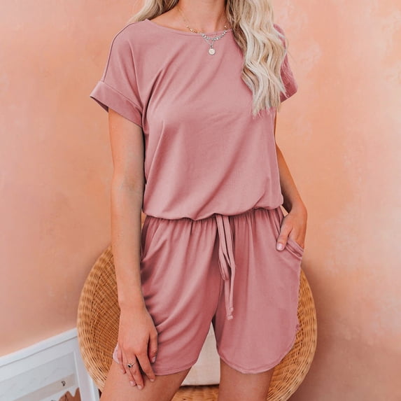 Baqcunre Jumpsuits for Women Women's Short Sleeved Solid Color Lace Up Drawstring Casual Jumpsuit Shorts Jumpsuits for Women Dressy One Piece Jumpsuits for Women