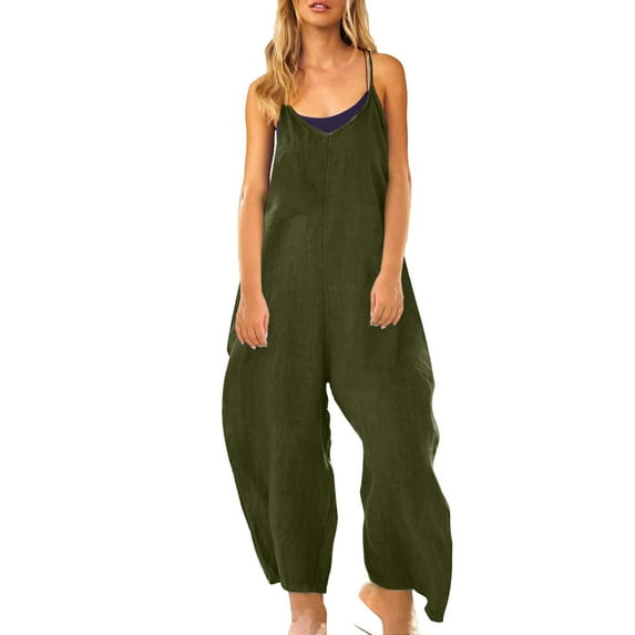 Baqcunre Jumpsuits for Women Women's Sleeveless Jumpsuit Solid Summer Wide Leg Bib Pants Bottons Jumpsuit Romper with Button Pockets Jumpsuits for Women Dressy One Piece Jumpsuits for Women