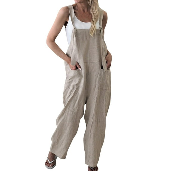 Baqcunre Jumpsuits for Women Women's Sleeveless Overalls Jumpsuit Solid Summer Wide Leg Bib Pants Bottons Jumpsuit Romper with Button Pockets Jumpsuits for Women Dressy One Piece Jumpsuits for Women