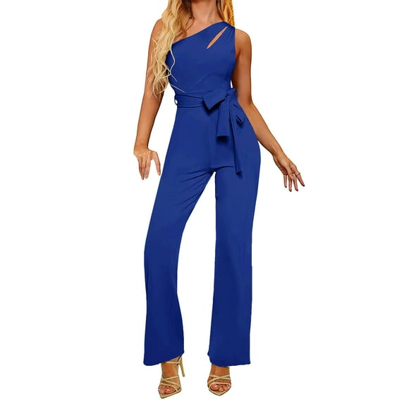Baqcunre Jumpsuits for Women Women's Solid Color One Shoulder Asymmetrical Sleeveless Hollow Jumpsuit Jumpsuits for Women Dressy One Piece Jumpsuits for Women