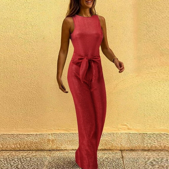 Baqcunre Jumpsuits for Women Women's Solid Color Round Neck Sleeveless Slim Fit Sequin Silver Point Jumpsuit Wide Leg Pants Jumpsuits for Women Dressy One Piece Jumpsuits for Women