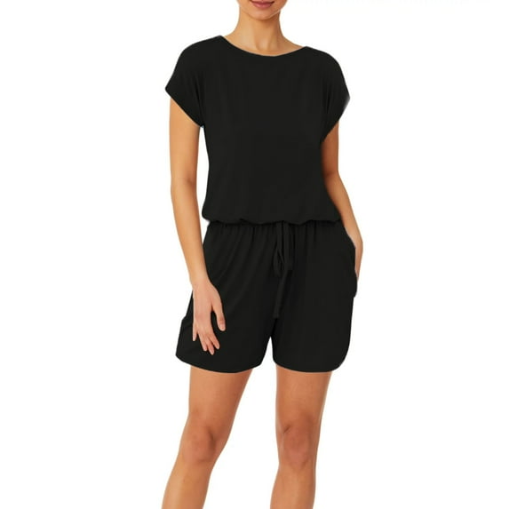 Baqcunre Jumpsuits for Women Women's Summer Casual Round Neck Short Sleeved High Waisted Drawstring Tie Up Jumpsuit Shorts Jumpsuits for Women Dressy One Piece Jumpsuits for Women
