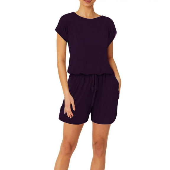 Baqcunre Jumpsuits for Women Women's Summer Casual Round Neck Short Sleeved High Waisted Drawstring Tie Up Jumpsuit Shorts Jumpsuits for Women Dressy One Piece Jumpsuits for Women