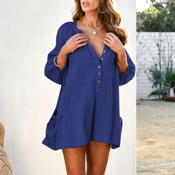 Baqcunre Jumpsuits for Women Womens 3/4 Sleeve Short Rompers Casual Loose Solid V Neck Button Down Jumpsuits with Pockets Jumpsuits for Women Dressy One Piece Jumpsuits for Women