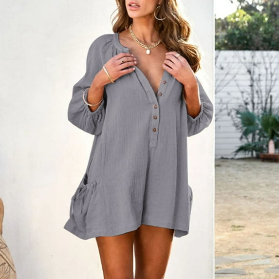 Baqcunre Jumpsuits For Women,Womens 3/4 Sleeve Short Rompers Loose Solid V Neck Button Down Jumpsuits With Pockets,Pants For Women,One Piece Jumpsuit,Jumpsuits For Women Casual,Womens Clothes,Grey,L