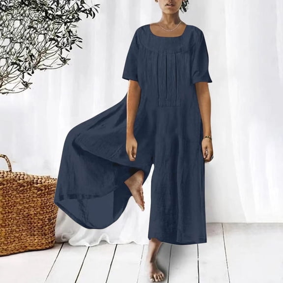 Baqcunre Jumpsuits for Women Womens Elegant Casual Solid Short Sleeve Wide Leg Pants O Neck Jumpsuit Jumpsuits for Women Dressy One Piece Jumpsuits for Women