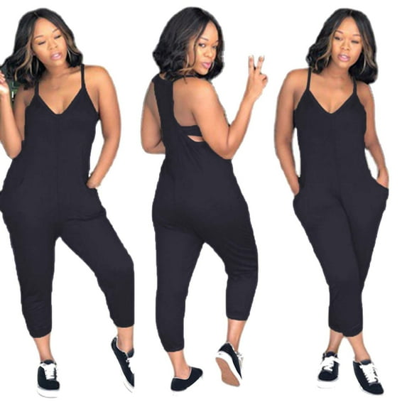 Baqcunre Jumpsuits for Women Womens Solid Camisole Jumpsuits V Neck Sleeveless Rompers Casual Jogger Rompers with Pockets Jumpsuits for Women Dressy One Piece Jumpsuits for Women