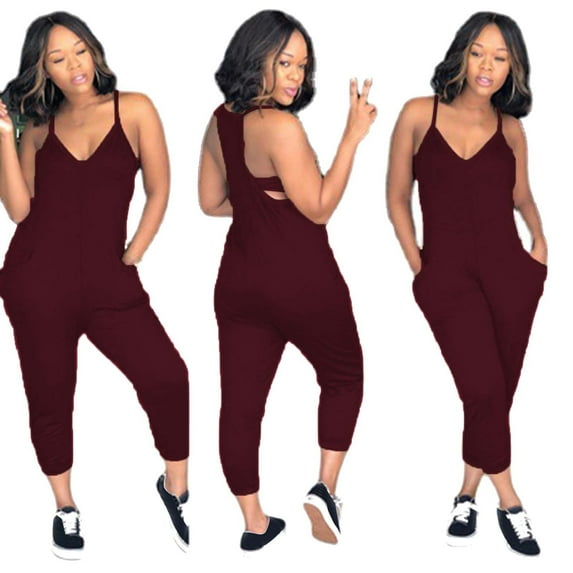 Baqcunre Jumpsuits For Women,Womens Solid Camisole V Neck Sleeveless Jogger Rompers With Pockets,Pants For Women,One Piece Jumpsuit,Jumpsuits For Women Casual,Womens Clothes,Wine,S