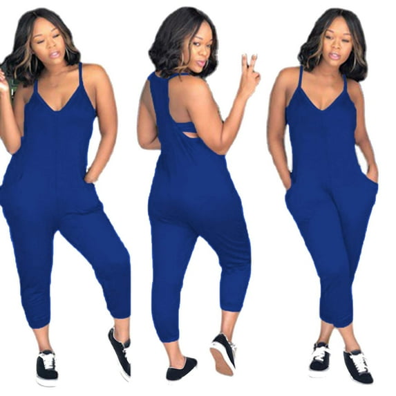 Baqcunre Jumpsuits For Women,Womens Solid Camisole V Neck Sleeveless Jogger Rompers With Pockets,Pants For Women,One Piece Jumpsuit,Jumpsuits For Women Casual,Womens Clothes,Blue,L