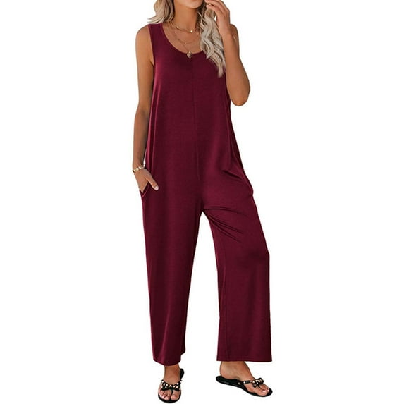 Baqcunre Jumpsuits for Women Womens Tank Jumpsuits Scoop Neck Sleeveless Rompers Casual Wide Leg Loose Fit Rompers with Pockets Jumpsuits for Women Dressy One Piece Jumpsuits for Women