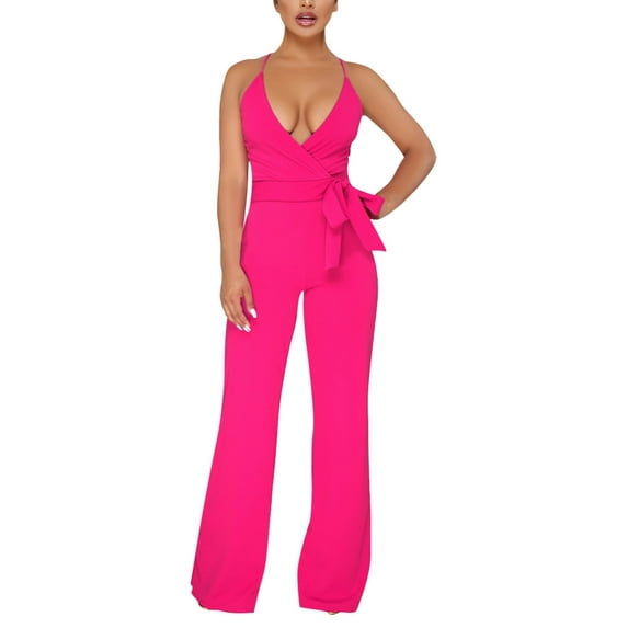 Baqcunre Jumpsuits for Women Women's Solid Color Halter V Neck Lace Up Jumpsuit Jumpsuits for Women Dressy One Piece Jumpsuits for Women