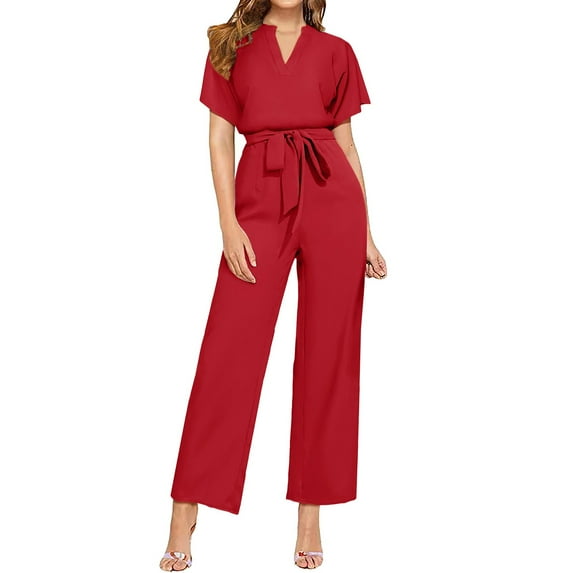 Baqcunre Jumpsuits for Women Women's Solid V Neck Short Sleeved Belt Casual Fashion Jumpsuit Jumpsuits for Women Dressy One Piece Jumpsuits for Women