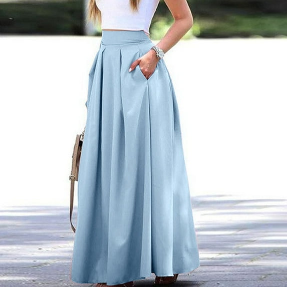 Baqcunre Large Solid Color Pocket High Waist Ol Half Skirt Pleated Skirt Skirts For Fall 2023 Pleated Skirt Long Skirt Women Clothing Skirts For Women,Color Sky Blue,Size L