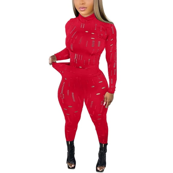 Baqcunre Leggings For Women 2 Piece Outfits Women Black Stretchy Mesh Long Sleeve Blouse Bodycon Pants Set Lounge Sets For Women Womens Pants Red M