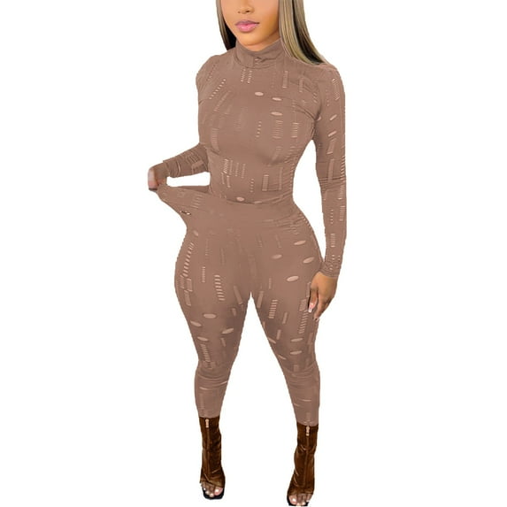 Baqcunre Leggings For Women 2 Piece Outfits Women Black Stretchy Mesh Long Sleeve Blouse Bodycon Pants Set Lounge Sets For Women Womens Pants Brown XL