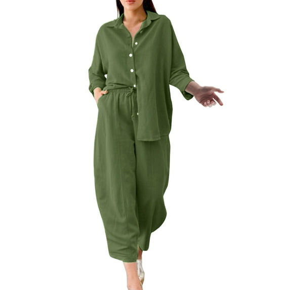 Baqcunre Linen Pants Women 2 Piece Retro Plus Size Cotton And Shirt Suit High Waist Slacks Suit Top Pants Long Sleeve Lounge Sets For Women Womens Pants Green 2 S