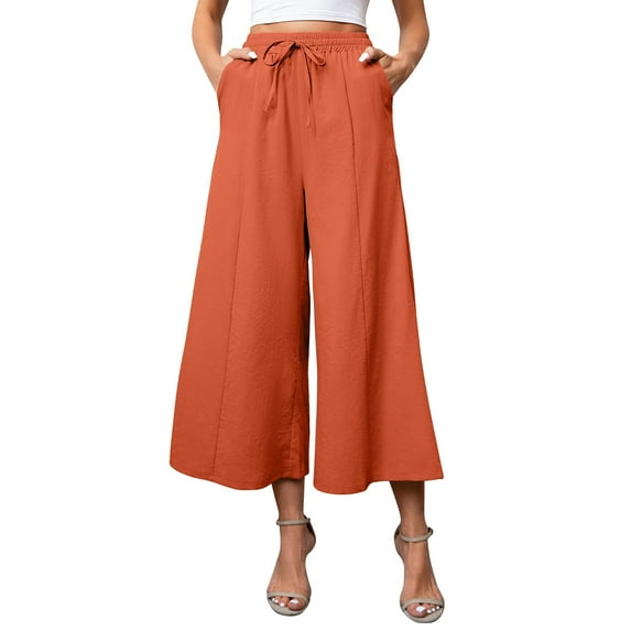 Baqcunre Linen Pants Women Linen Pants Palazzo Wide Leg Drawstring Casual Loose Crop Elastic Waist Cotton Beach Pants Womens Sweatpants Women'S Pants Red L