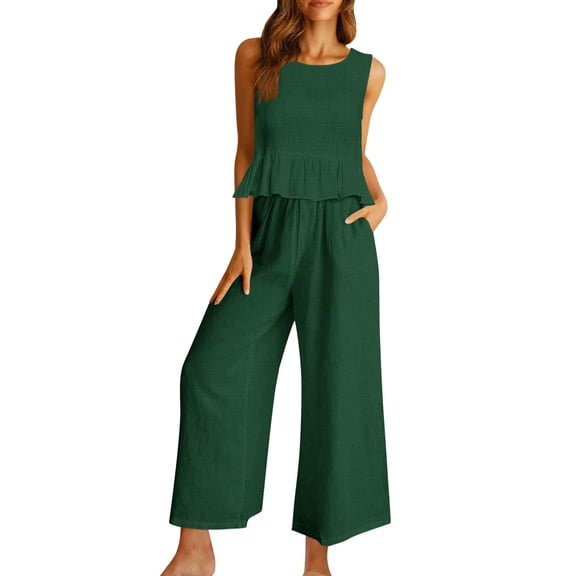 Baqcunre Linen Pants Women'S 2 Piece Outfits Sleeveless Ruffle Tank Crop Top Wide Leg Pants Set With Pockets Lounge Sets For Women Women'S Pants Green 1 L