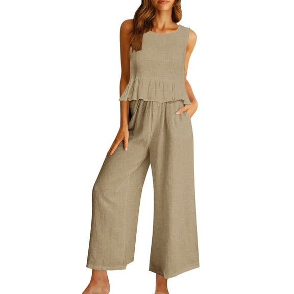 Baqcunre Linen Pants Women'S 2 Piece Outfits Sleeveless Ruffle Tank Crop Top Wide Leg Pants Set With Pockets Lounge Sets For Women Women'S Pants Khaki XL