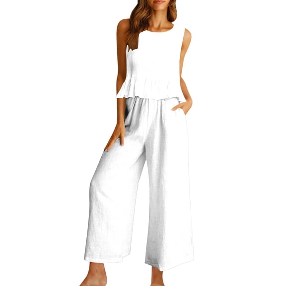 Baqcunre Linen Pants Women'S 2 Piece Outfits Sleeveless Ruffle Tank Crop Top Wide Leg Pants Set With Pockets Lounge Sets For Women Women'S Pants White L