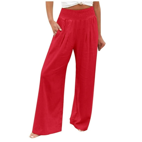 Baqcunre Linen Pants Women Summer High Waist Wide Leg Palazzo Pants For Women Smocked Elastic Waist Loose Comfy Pajama Pants Pockets Sweatpants Women Pants For Women Red XXL