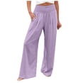 thumbnail image 1 of Baqcunre Linen Pants Women Summer High Waist Wide Leg Palazzo Pants For Women Smocked Elastic Waist Loose Comfy Pajama Pants Pockets Sweatpants Women Pants For Women Purple M, 1 of 3