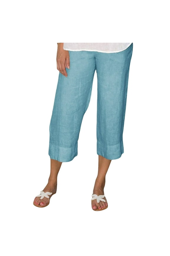 Linen Pants Women Summer Women Fashion Cotton Flax Elastic Long Pants Beach Leisure Trousers Sweatpants Pants For Women Blue L