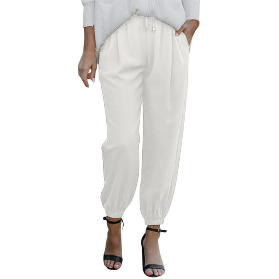 Baqcunre Linen Pants Women Summer Women High Waisted Wide Leg Pants Drawstring Elastic Trousers Comfy Straight Leg Long Pants With Pockets Sweatpants Womens Pants White M