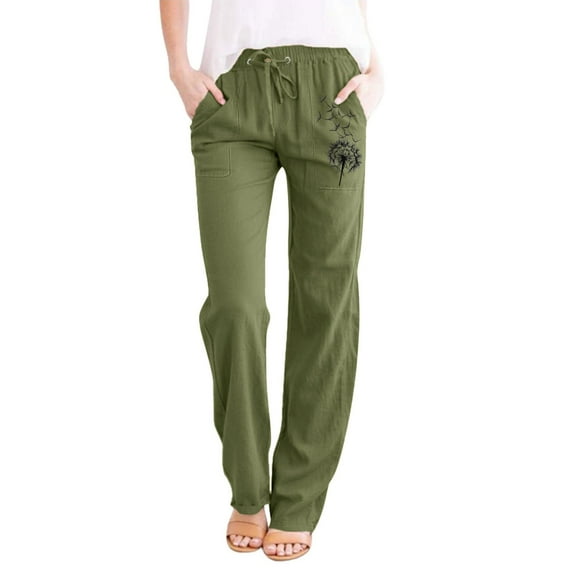 Baqcunre Linen Pants Womens Printing Casual Loose Pants With Pockets Elastic High Waist Paper Bag Pants Linen Pants Sweatpants Womens Pants Army Green L
