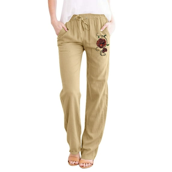 Baqcunre Linen Pants Womens Printing Casual Loose Pants With Pockets Elastic High Waist Paper Bag Pants Linen Pants Sweatpants Womens Pants Khaki 5XL