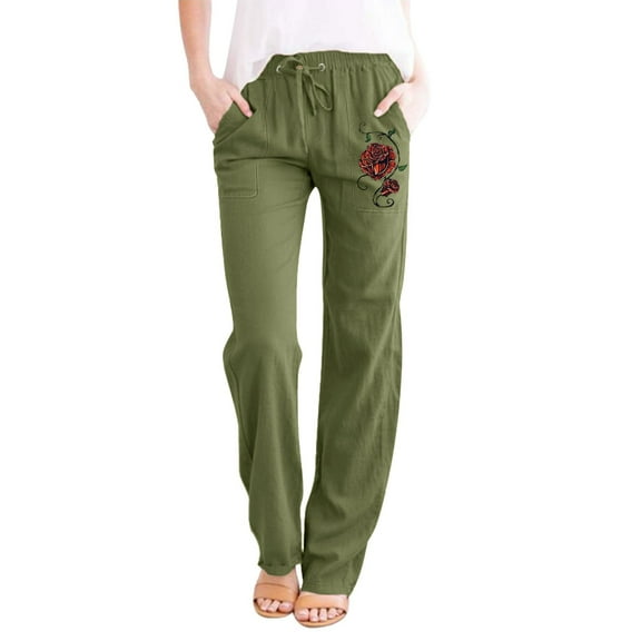 Baqcunre Linen Pants Womens Printing Casual Loose Pants With Pockets Elastic High Waist Paper Bag Pants Linen Pants Sweatpants Womens Pants Army Green L