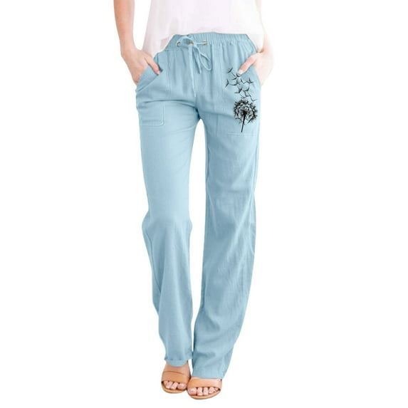 Baqcunre Linen Pants Womens Printing Casual Loose Pants With Pockets Elastic High Waist Paper Bag Pants Linen Pants Sweatpants Womens Pants Light blue 4XL