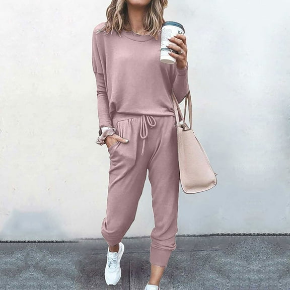Baqcunre Long Sleeve Crewneck Pullover Tops And Pants Tracksuit Sweatsuits With Sweatpants Womens Fashion Fall Outfits Women Trendy Two Piece Sets For Women 2 Piece Fall Sets For Women ,Pink,M