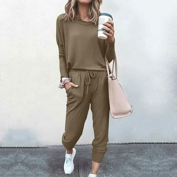 Baqcunre Long Sleeve Crewneck Pullover Tops And Pants Tracksuit Sweatsuits With Sweatpants Womens Fashion Fall Outfits Women Trendy Two Piece Sets For Women 2 Piece Fall Sets For Women ,Khaki,S