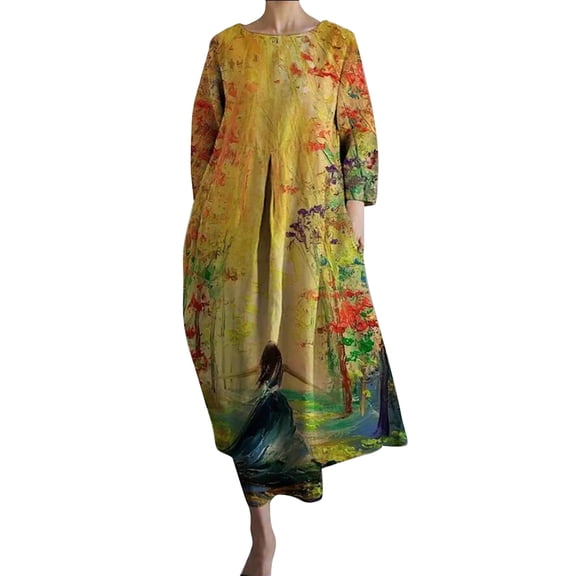 Baqcunre Long Sleeve Dress for Women Women's Loose Round Neck Fashion Senior Long Sleeve Printed V Neck Dress Dresses for Women 2024 Summer Dresses for Women 2024 Womens Dresses Yellow L