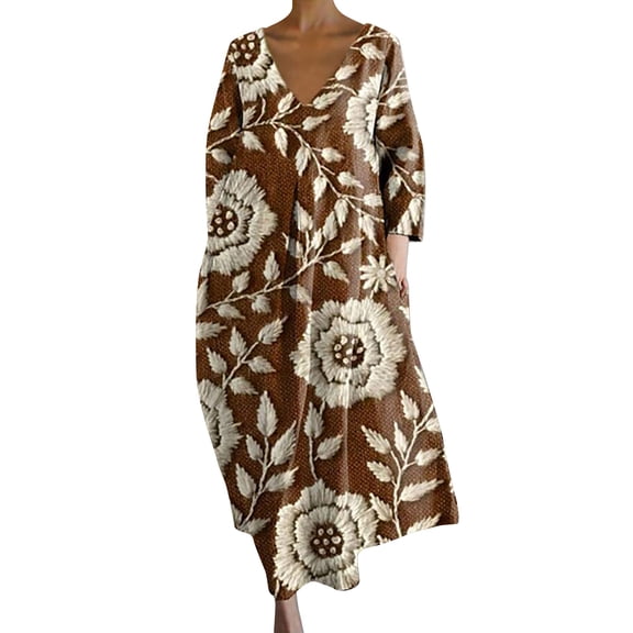 Baqcunre Long Sleeve Dress for Women Women's Loose V Neck Fashion Senior Long Sleeve Printed V Neck Dress Dresses for Women 2024 Summer Dresses for Women 2024 Womens Dresses Coffee M(Hot)