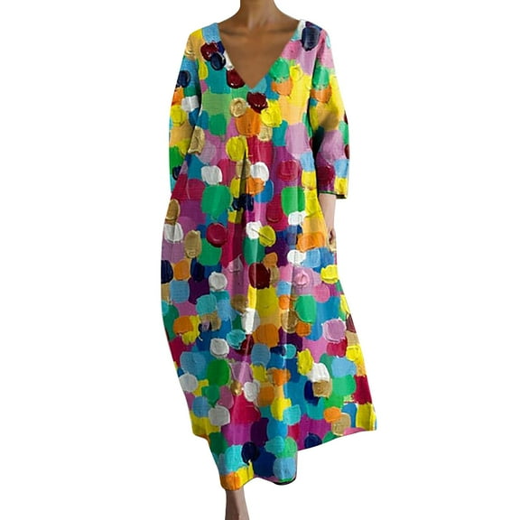 Baqcunre Long Sleeve Dress for Women Women's Loose V Neck Fashion Senior Long Sleeve Printed V Neck Dress Dresses for Women 2024 Summer Dresses for Women 2024 Womens Dresses Blue L(Hot)