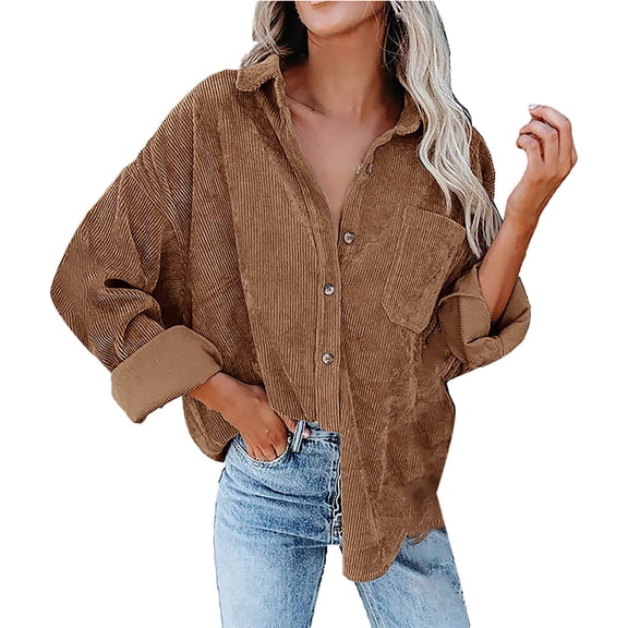 Baqcunre Long Sleeve Shirts For Women Woman Over Size Solid Color Turn Down Collar Fashion Loose Leisure Corduroy Lohas Time Coat Shirt Womens Shirts Workout Tops For Women Brown XXL