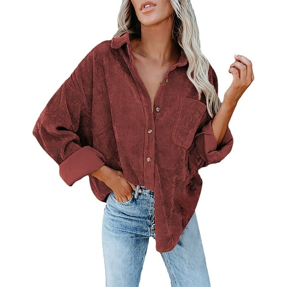 Baqcunre Long Sleeve Shirts For Women Woman Over Size Solid Color Turn Down Collar Fashion Loose Leisure Corduroy Lohas Time Coat Shirt Womens Shirts Workout Tops For Women Red XXL