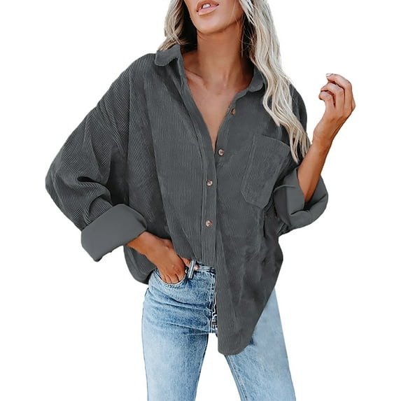 Baqcunre Long Sleeve Shirts For Women Woman Over Size Solid Color Turn Down Collar Fashion Loose Leisure Corduroy Lohas Time Coat Shirt Womens Shirts Workout Tops For Women Dark Gray XL