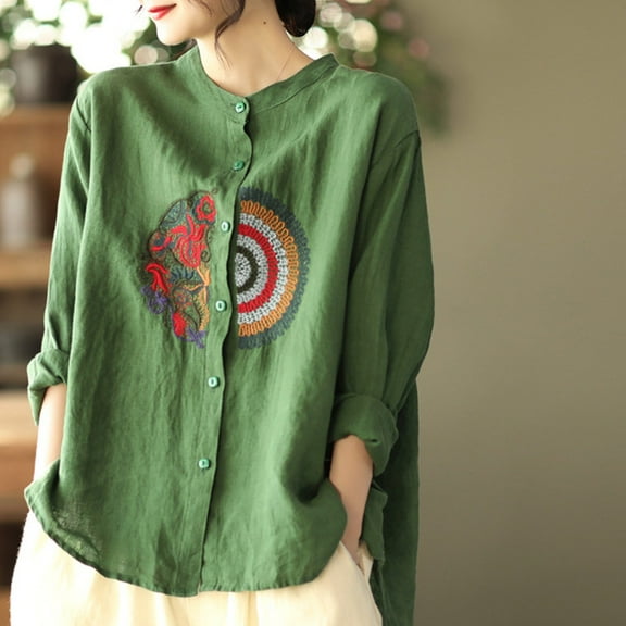 Baqcunre Long Sleeve Shirts For Women Women'S Casual Large Size Literary Cotton Long Sleeved Shirt Loose Embroidered Top Womens Shirts Workout Tops For Women Green L