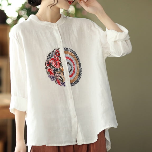 Baqcunre Long Sleeve Shirts For Women Women'S Casual Large Size Literary Cotton Long Sleeved Shirt Loose Embroidered Top Womens Shirts Workout Tops For Women White L