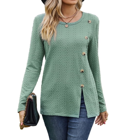 Baqcunre Long Sleeve Shirts For Women Women'S Round Neck Solid Button Split Long Sleeve T Shirt Top Womens T Shirts Workout Tops For Women Green XL