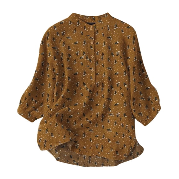 Baqcunre Long Sleeve Shirts For Women Women'S Spring And Summer Round Neck Button Print Cotton Texture Cotton Shirt Womens Tops Womens Fashion Yellow 4XL