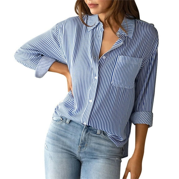 Baqcunre Long Sleeve Shirts For Women Women'S Striped Cardigan Tops Loose Casual Long Sleeve Shirt Womens Shirts Workout Tops For Women Blue M