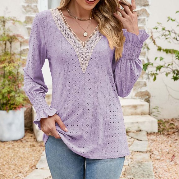 Baqcunre Long Sleeve Shirts For Women Womens Long Sleeve Tees For Womens V Neck Lace Patchwork Long Sleeve Casual Shirts Blouses Tops Womens T Shirts Womens Blouses Purple XL