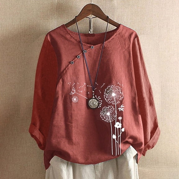 Baqcunre Long Sleeve Shirts For Women Womens Tops Long Sleeve Printed Cotton And Linen Taraxacum Printed Buttons O Neck T Shirt Blouse Womens T Shirts Womens Blouses Orange S